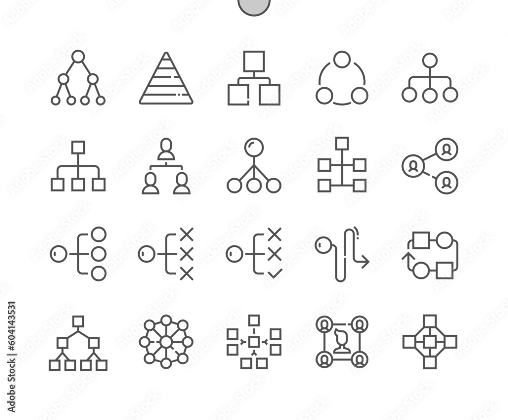 Fototapeta premium Hierarchy. Corporate organisation. Teamwork, relations, process. Pixel Perfect Vector Thin Line Icons. Simple Minimal Pictogram