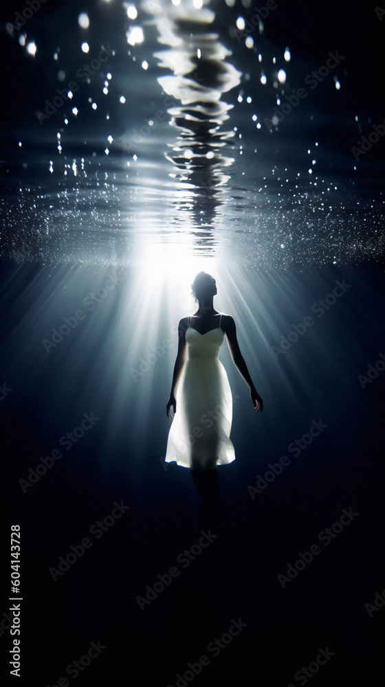 Woman in dress floating underwater - Generative Ai Woman in dress floating underwater - Generative Ai