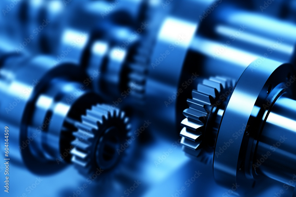 machine parts, gear wheels, cogs and ball bearings against steel, blue toning concept ai generative machine parts, gear wheels, cogs and ball bearings against steel, blue toning concept ai generative
