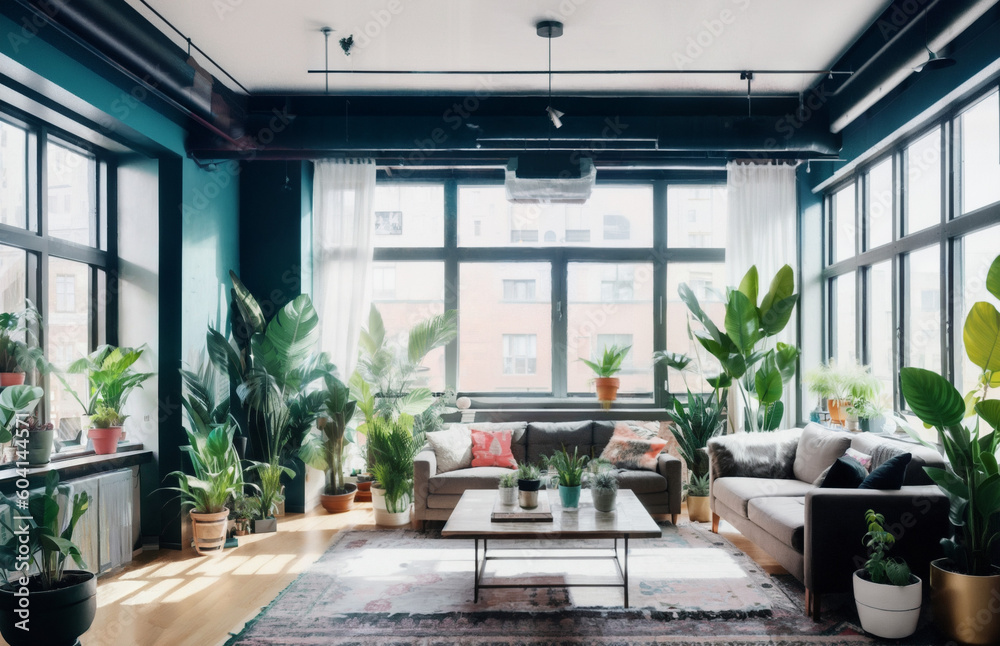 Interior design of a cozy loft living room with big windows, beautiful decor, houseplants, and lively environment | Generative Ai | Modern and luxurious living room Interior design of a cozy loft living room with big windows, beautiful decor, houseplants, and lively environment | Generative Ai | Modern and luxurious living room