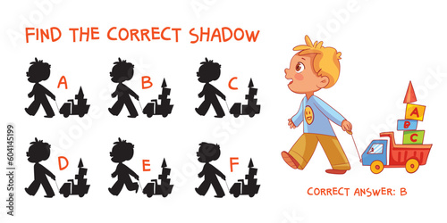 Find the correct shadow. Boy with a toy truck. Educational game for children. Choose correct answer. Matching game. Colorful cartoon characters. Funny vector illustration. Isolated on white background