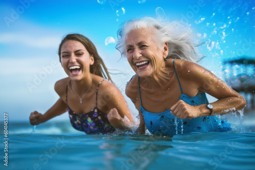 grandmother with granddaughter having fun in the ocean, generative ai photo