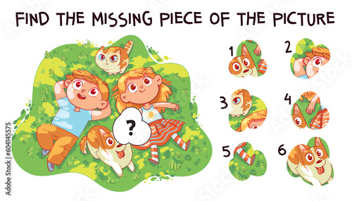 Find the missing piece of the picture. Children and their pets lying on the grass. Educational game for children. Choose correct answer. Matching game. Colorful cartoon characters. Funny illustration