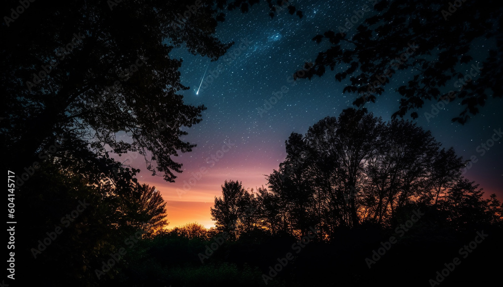 Silhouette of tree back lit by Milky Way generated by AI