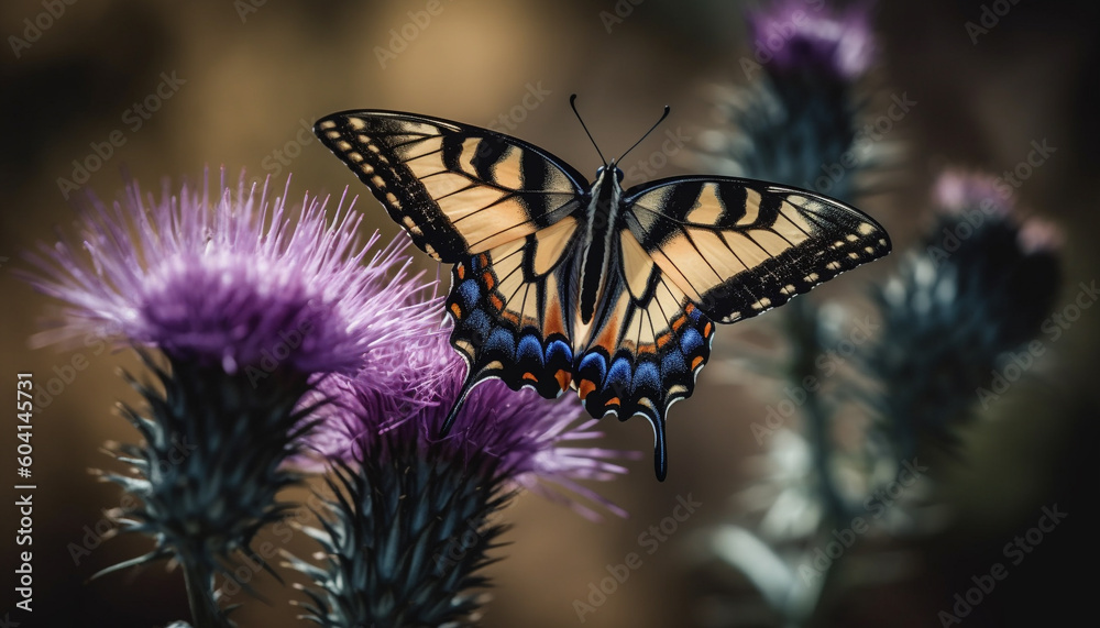 Obraz premium Vibrant butterfly wing on purple flower blossom generated by AI