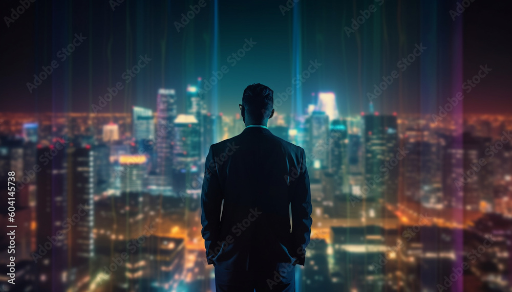 Silhouette of businessman watching city life at night generated by AI