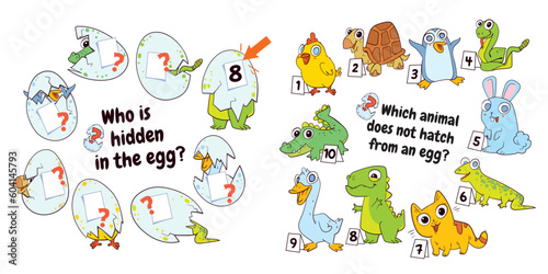 Who is hidden in the egg. Which animal does not hatch from an egg. Puzzle Hidden Items. Matching game. Educational game for children. Colorful cartoon characters. Funny vector illustration. Set