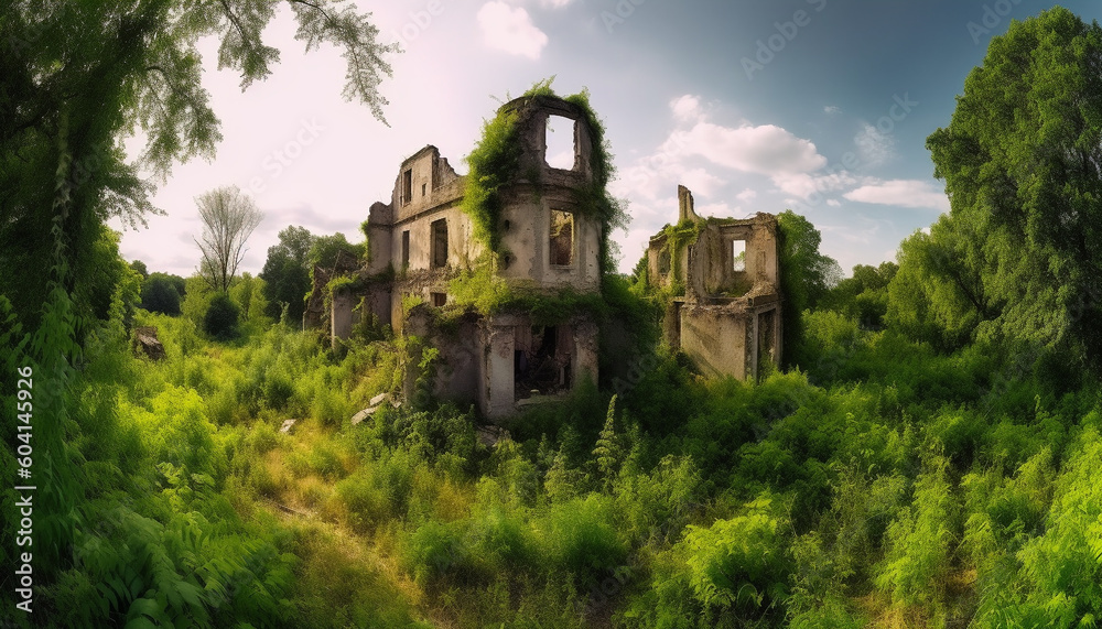 Naklejka premium Abandoned chapel in old ruin, spooky mystery generated by AI