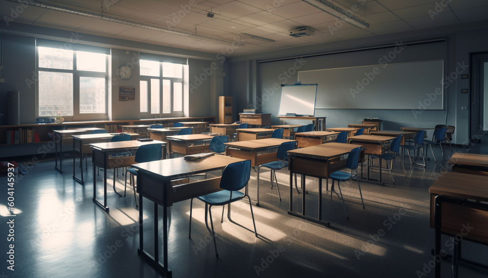 Empty classroom with chairs in a row generated by AI