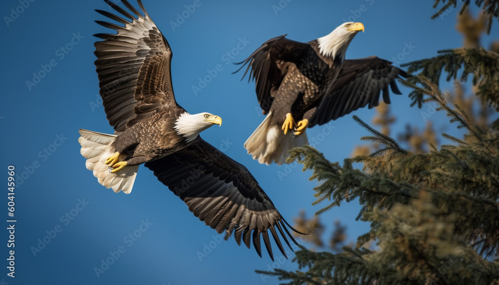 Fototapeta premium Spread wings of majestic bald eagle soaring generated by AI