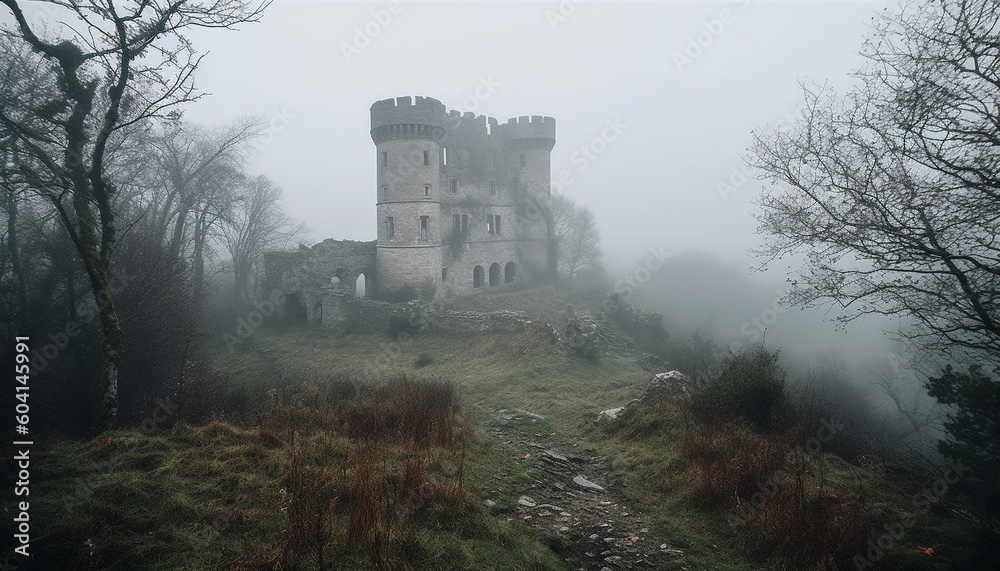 Spooky old ruin in foggy forest landscape generated by AI