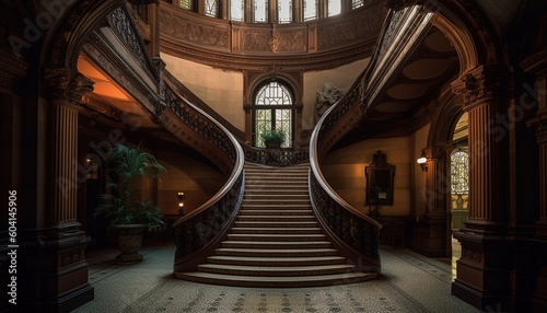 Luxury staircase inside famous old building illuminated at night generated by AI