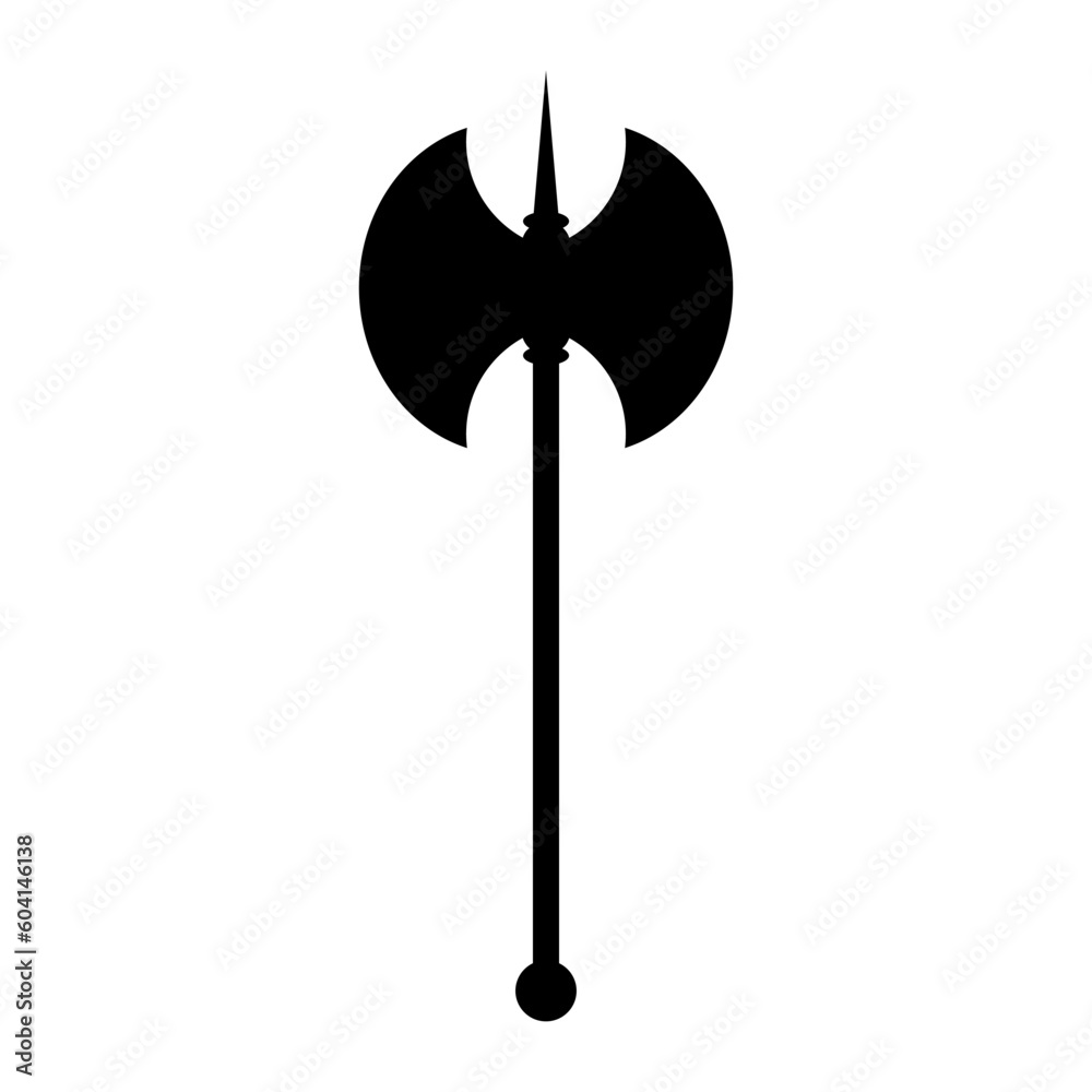Medieval axe icon. Medieval weapon black silhouette. Vector illustration isolated on white background.