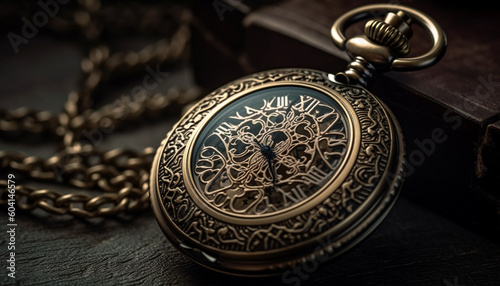 Antique pocket watch, gold chain, timeless elegance generated by AI