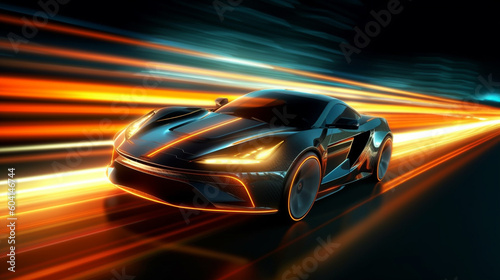Futuristic Sports Car On Neon Highway wallpaper. Powerful acceleration of a supercar on a night track with colorful lights and trails. illustration. Generative Ai