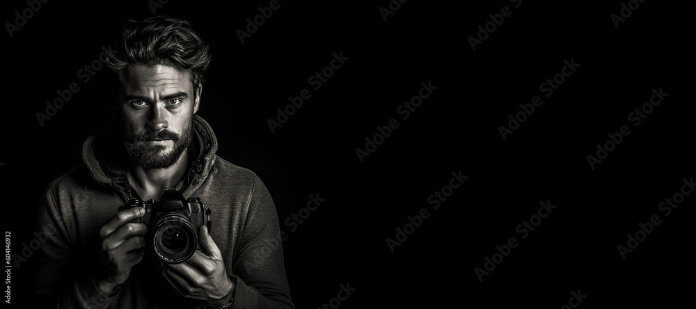 Black and white photorealistic studio portrait of a photographer holding a camera on black background. Generative AI illustration