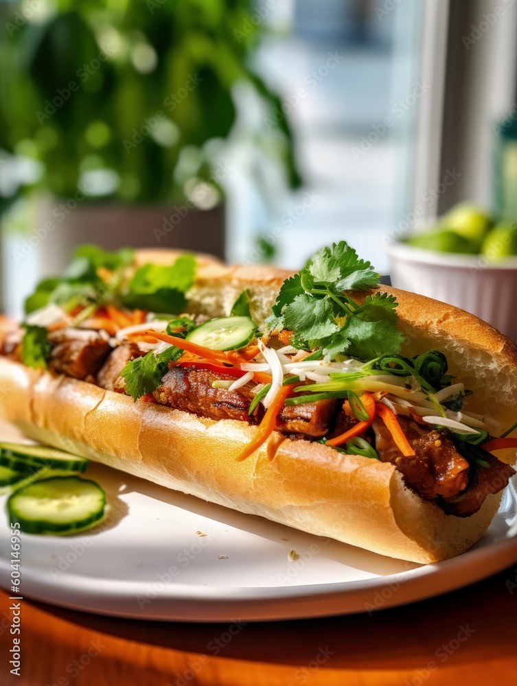 vietnamese bahn mi sandwich on restaurant table created with generative AI