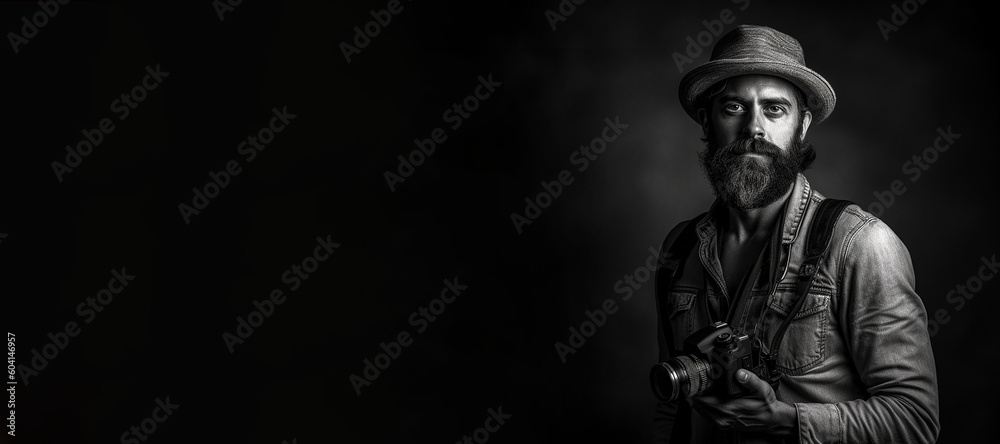 Fototapeta premium Black and white photorealistic studio portrait of a photographer holding a camera on black background. Generative AI illustration