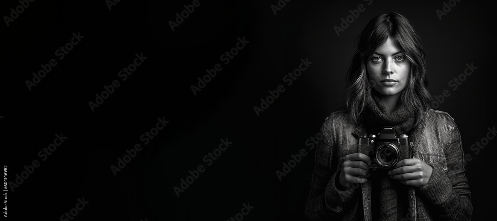 Black and white photorealistic studio portrait of a photographer holding a camera on black background. Generative AI illustration Black and white photorealistic studio portrait of a photographer holding a camera on black background. Generative AI illustration