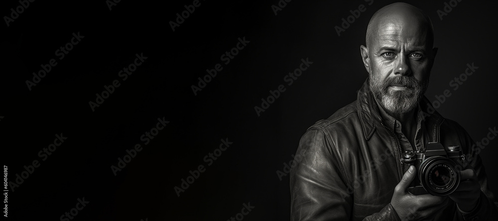 Black and white photorealistic studio portrait of a photographer holding a camera on black background. Generative AI illustration Black and white photorealistic studio portrait of a photographer holding a camera on black background. Generative AI illustration