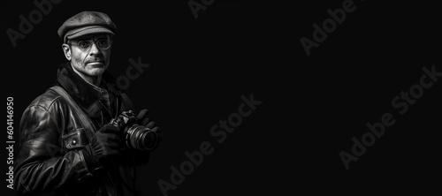 Black and white photorealistic studio portrait of a photographer holding a camera on black background. Generative AI illustration
