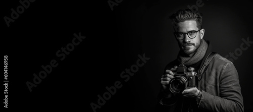Black and white photorealistic studio portrait of a photographer holding a camera on black background. Generative AI illustration © JoelMasson