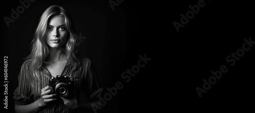 Black and white photorealistic studio portrait of a photographer holding a camera on black background. Generative AI illustration