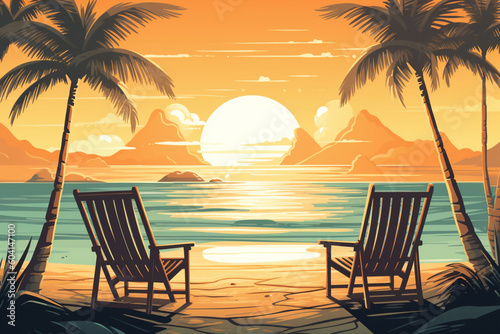 Beautiful summer background with beach. Beach, Sea, Palm Trees. Vector Background. Beach Chair Generative AI