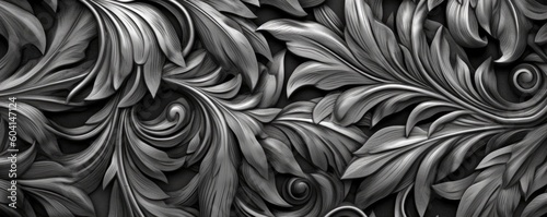 an Abstract Horizontal background, flowing waves of filagree, and flowers in carved Ebony. Liquid flow texture. dark Fluid art Abtract-themed, photorealistic illustrations in JPG. Generative AI