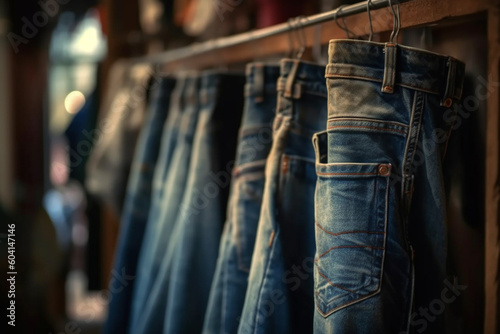 Close-up of jeans hanging in store for sale Generative AI