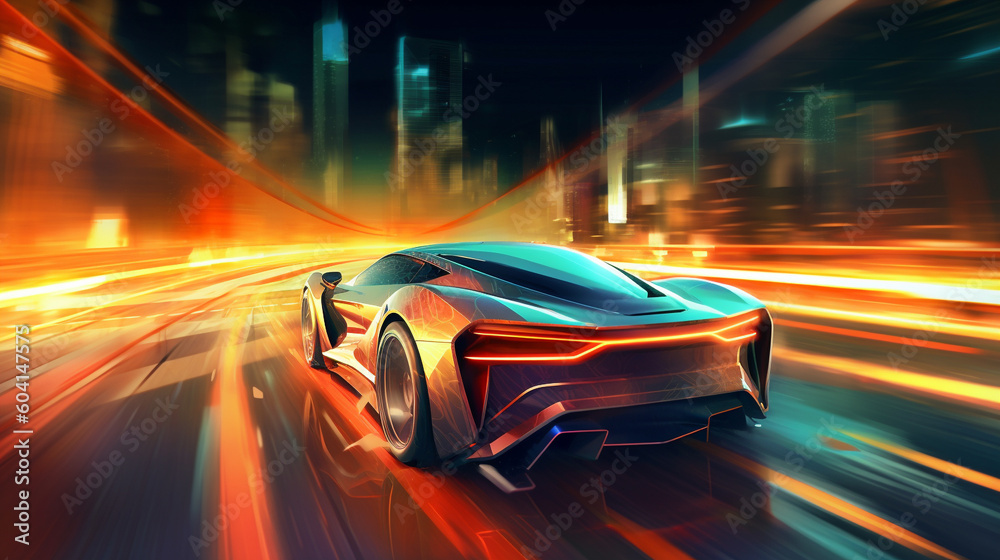 Fototapeta premium Futuristic Sports Car On Neon Highway wallpaper. Powerful acceleration of a supercar on a night track with colorful lights and trails. illustration. Generative Ai