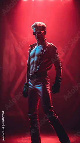 Photo realistic illustration of a cyberpunk guy, synthwave club. Anatomy and lighting reference. Generative AI.
