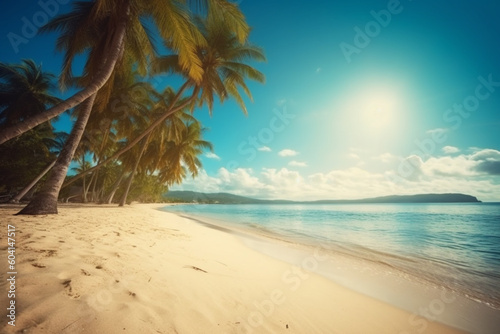 Sunny tropical beach with palm trees Generative AI
