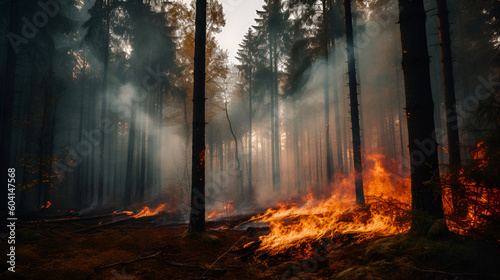 forest fire burning coniferous forest  ecology and earth protection problem  earth protection day  AI generated illustration