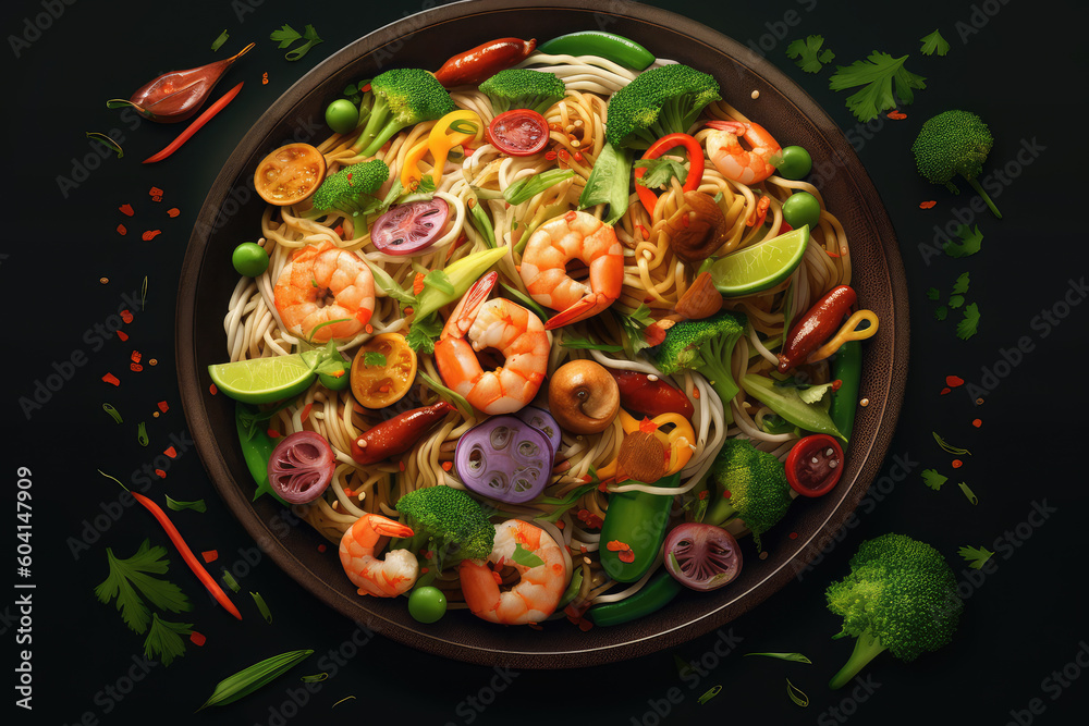 Generative AI Stir fry noodles with vegetables and shrimps in black bowl illustration Generative AI Stir fry noodles with vegetables and shrimps in black bowl illustration