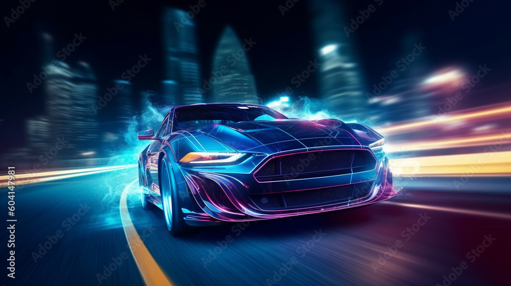 Futuristic Sports Car On Neon Highway wallpaper. Powerful acceleration of a supercar on a night track with colorful lights and trails. illustration. Generative Ai Futuristic Sports Car On Neon Highway wallpaper. Powerful acceleration of a supercar on a night track with colorful lights and trails. illustration. Generative Ai