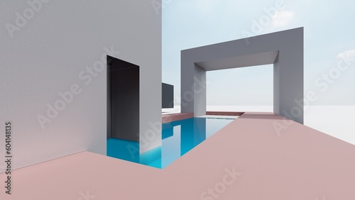 3d rendering architecture background building geometric shape with swimming pool