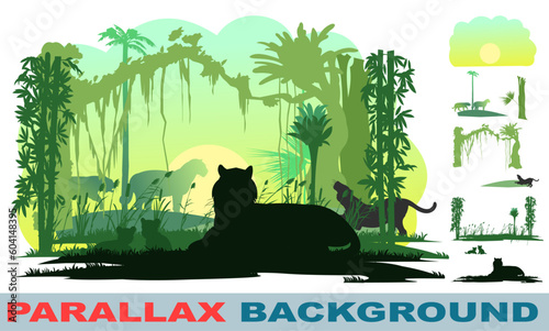 Jungle tiger lies. Morning forest landscape. Picture layers parallax effect. Vector image isolated background.