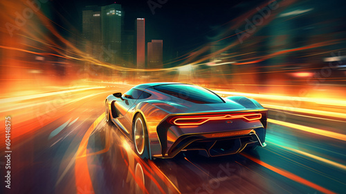 Futuristic Sports Car On Neon Highway wallpaper. Powerful acceleration of a supercar on a night track with colorful lights and trails. illustration. Generative Ai