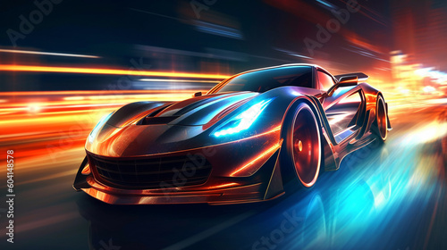Futuristic Sports Car On Neon Highway wallpaper. Powerful acceleration of a supercar on a night track with colorful lights and trails.  illustration. Generative Ai © adel