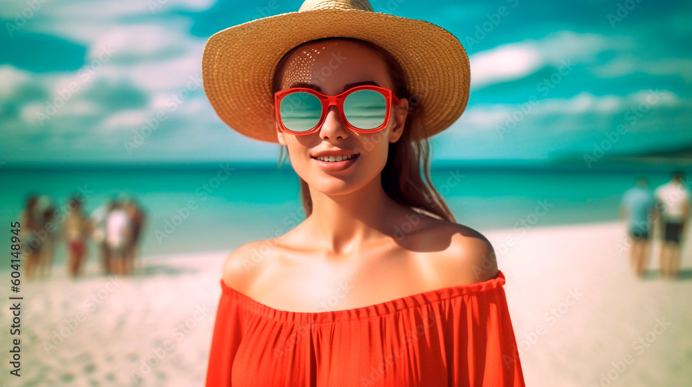 Generative Ai. a woman in a straw hat and sunglasses on the beach Generative Ai. a woman in a straw hat and sunglasses on the beach