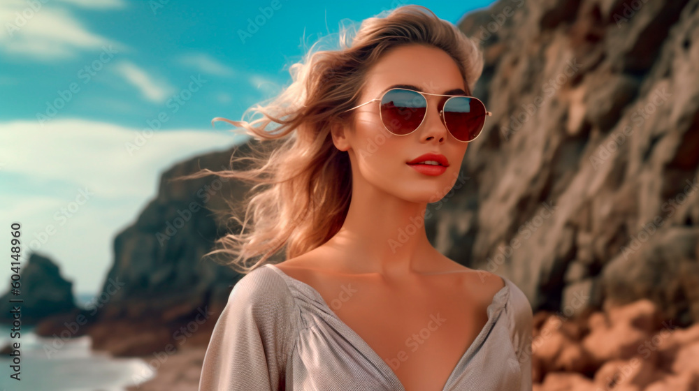 Generative Ai. woman in a gray dress and sunglasses on a beach Generative Ai. woman in a gray dress and sunglasses on a beach