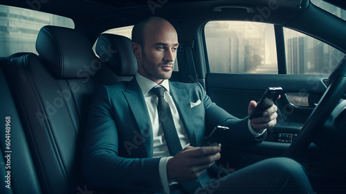 Generative Ai. a man in a suit sitting in a car with his phone