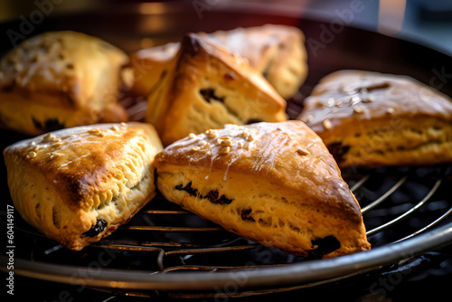 Scones - Popular in the United Kingdom, scones are lightly sweetened baked goods, similar to a bread roll, often served with clotted cream and jam (Generative AI)