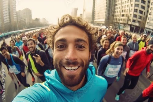 Male marathon runner is taking a selfie while running through a crowd of other runners, with the city skyline in the background , wide angle view. Generative AI