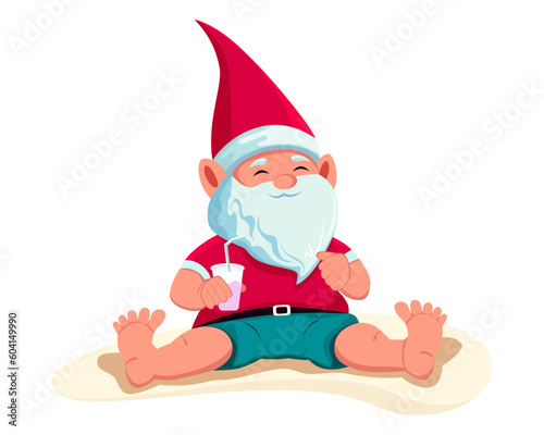 Santa Claus the Dwarf relaxing on the beach during the summer.  Holidaying in nature during Christmas and New Year's Eve. Funny, cute gnome Santa Claus on vacation with a cocktail. Holiday Day.