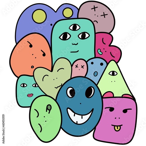 Doodle shapes with funny faces. Raster illustration 6000x6000 jpeg
