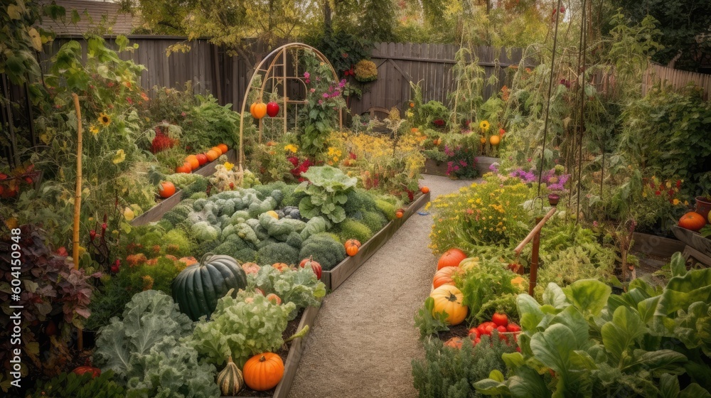 Eco-Friendly Harvest: Tending to a Sustainable Backyard Garden Filled with Homegrown Fruits and Vegetables Grown with Compost. Generative AI