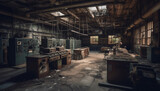 Abandoned factory with rusty metal equipment inside generated by AI