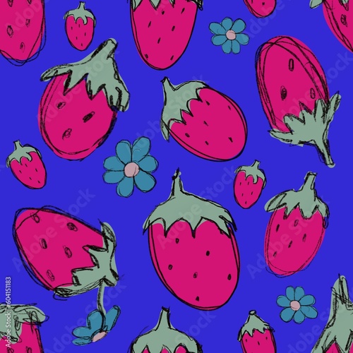 Strawberries and flowers seamless raster pattern 6000x6000 jpeg
